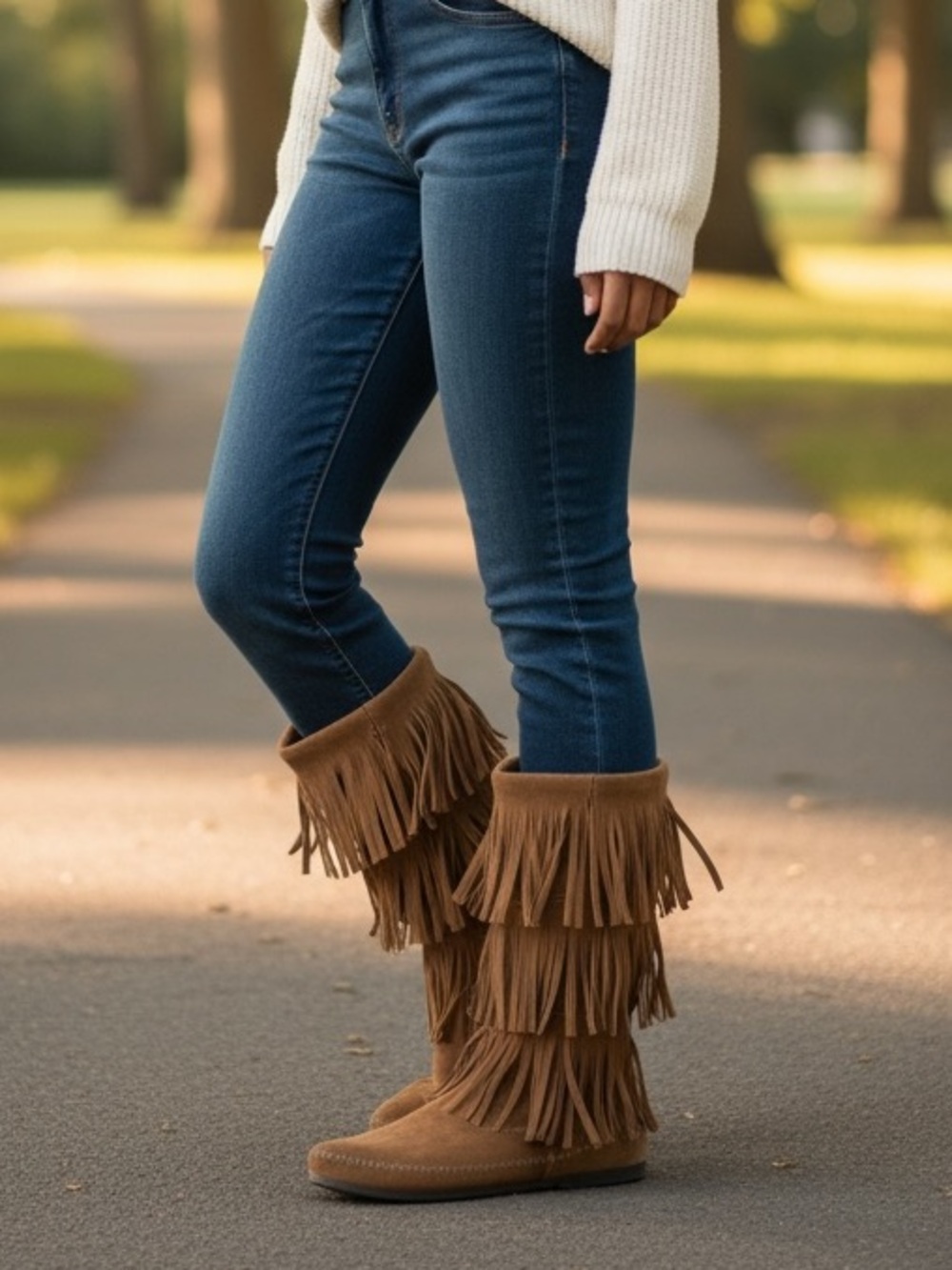 Minnetonka Triple Fringe Suede Moccasin Boots in Tan Brown Bohemian Boho